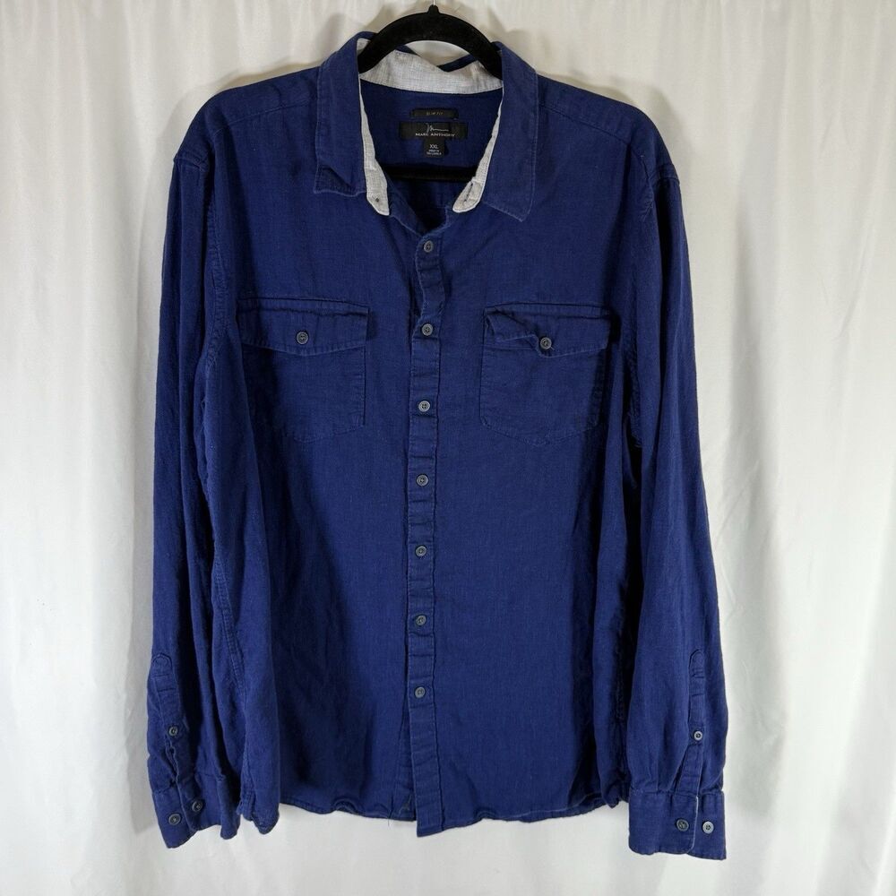 Mark Anthony Linen Blend Shirt Men's XXL Blue Long Sleeve Slim Fit Button Up